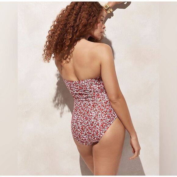 J Crew red & green floral ruched halter 16 one piece swimsuit - Picture 3 of 6